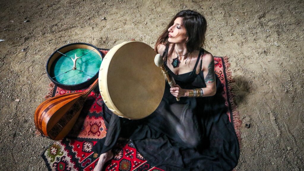 Ivana Stosic of Vartra playing a frame drum